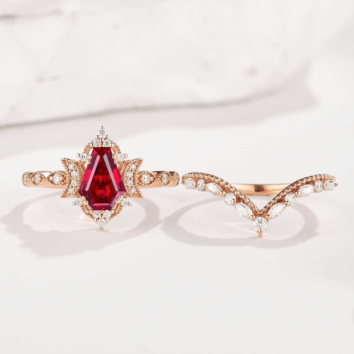 Coffin Cut Ruby Engagement Ring Bridal Set 2pcs