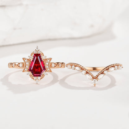 Coffin Cut Ruby Engagement Ring Bridal Set 2pcs