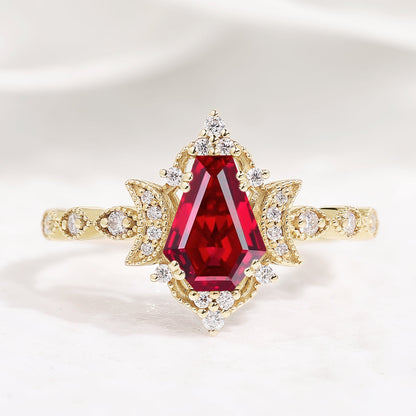 Unique Moon Design Coffin Cut Ruby Anniversary Ring