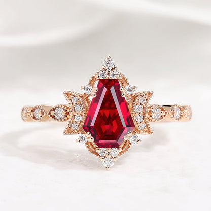 Unique Moon Design Coffin Cut Ruby Anniversary Ring