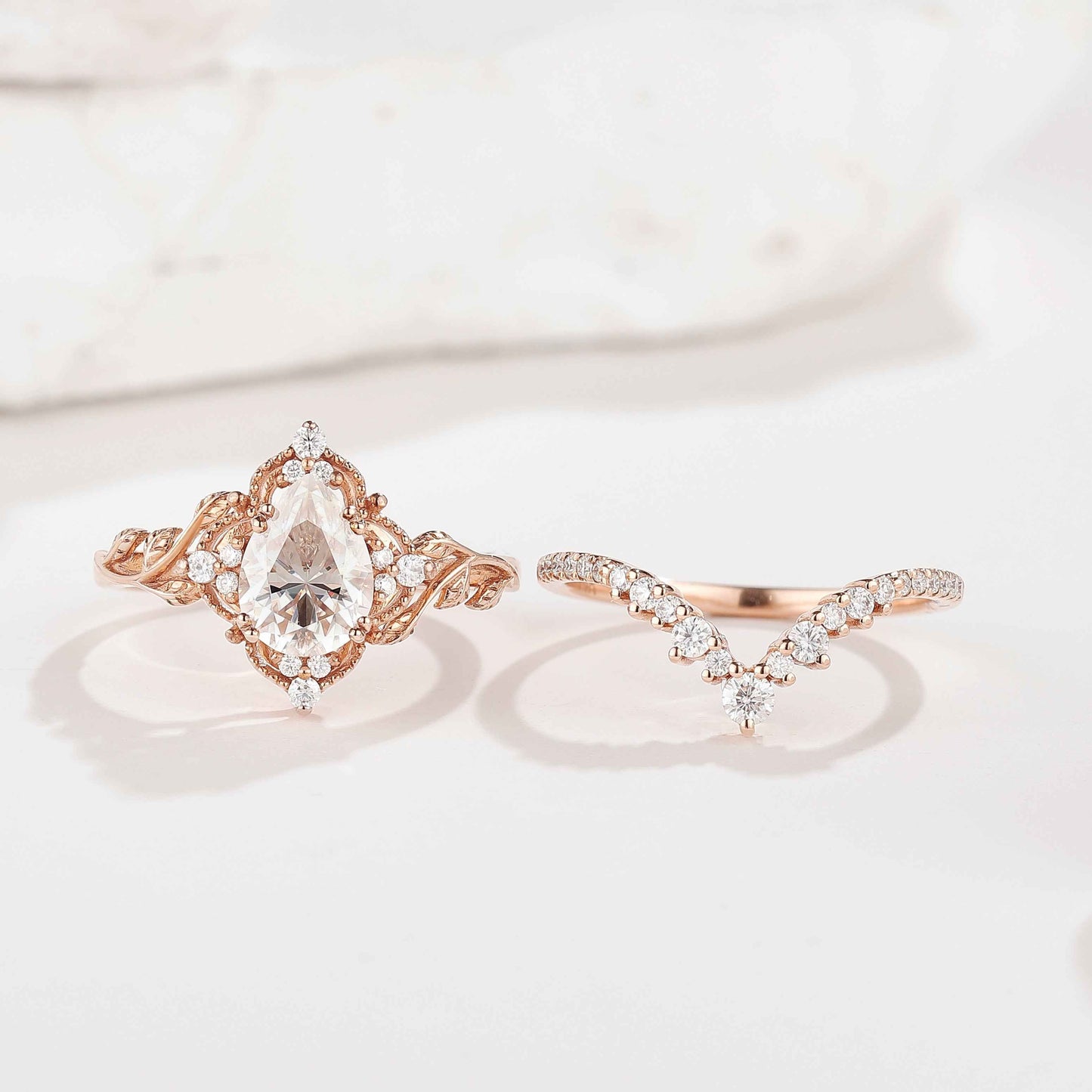 Nature Inspired Leafy Moissanite Engagement Ring Set V Shaped Curved Wedding Band