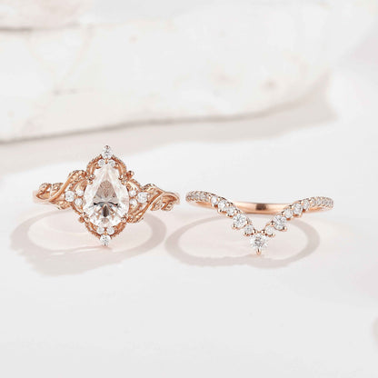 Nature Inspired Leafy Moissanite Engagement Ring Set V Shaped Curved Wedding Band