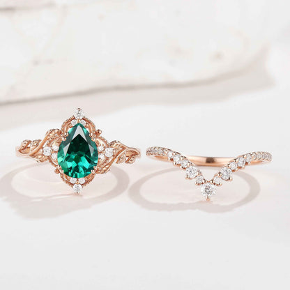 Nature Inspired Pear Cut Lab Emerald Leaf Engagement Ring Set 2pcs