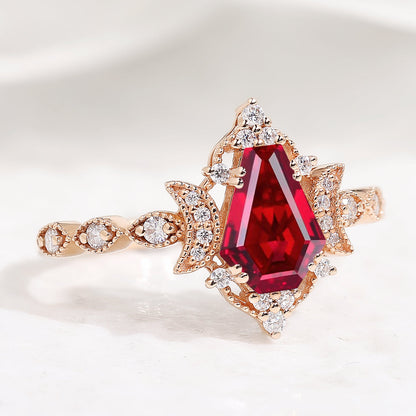 Unique Moon Design Coffin Cut Ruby Anniversary Ring
