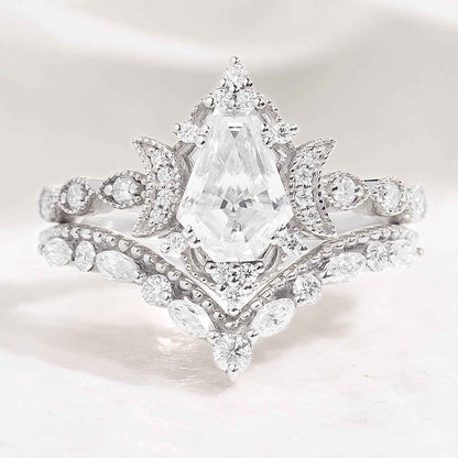 Coffin Cut Unique Moon Design Moissanite Engagement Ring Set Curved Wedding Band