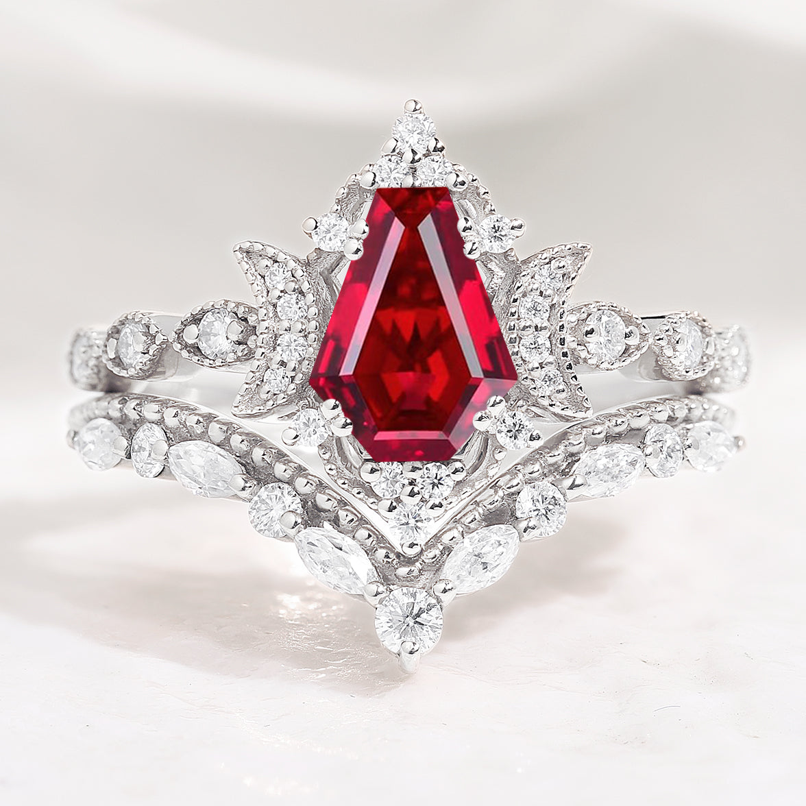 Coffin Cut Ruby Engagement Ring Bridal Set 2pcs