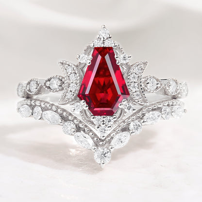 Coffin Cut Ruby Engagement Ring Bridal Set 2pcs