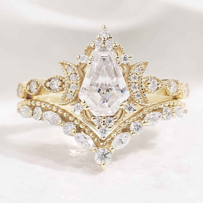 Coffin Cut Unique Moon Design Moissanite Engagement Ring Set Curved Wedding Band