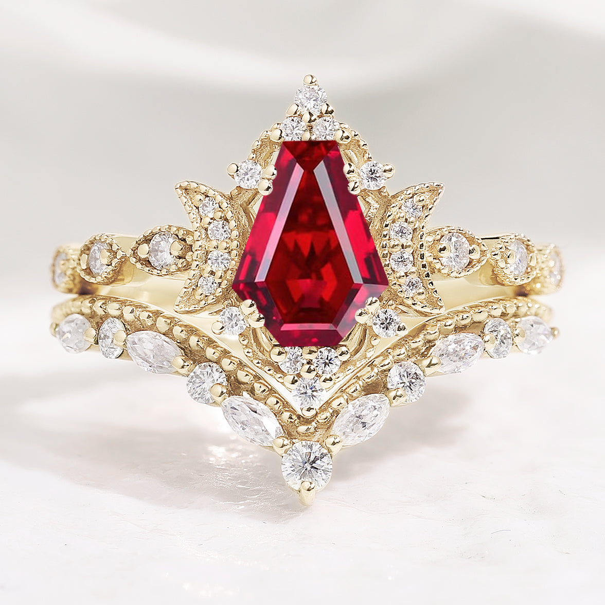 Coffin Cut Ruby Engagement Ring Bridal Set 2pcs