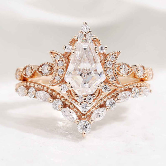 Coffin Cut Unique Moon Design Moissanite Engagement Ring Set Curved Wedding Band