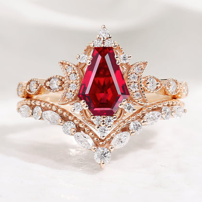 Coffin Cut Ruby Engagement Ring Bridal Set 2pcs