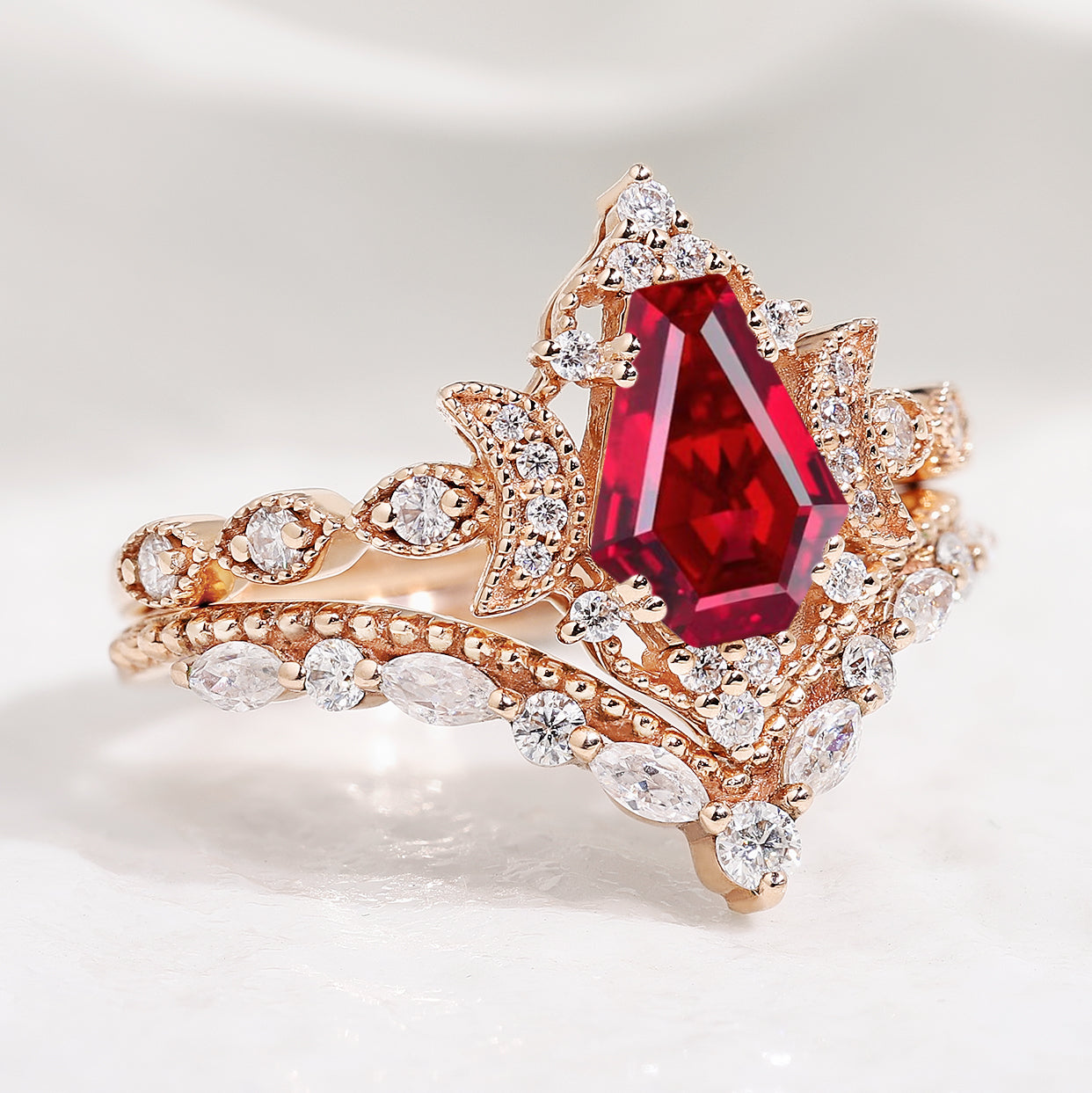 Coffin Cut Ruby Engagement Ring Bridal Set 2pcs