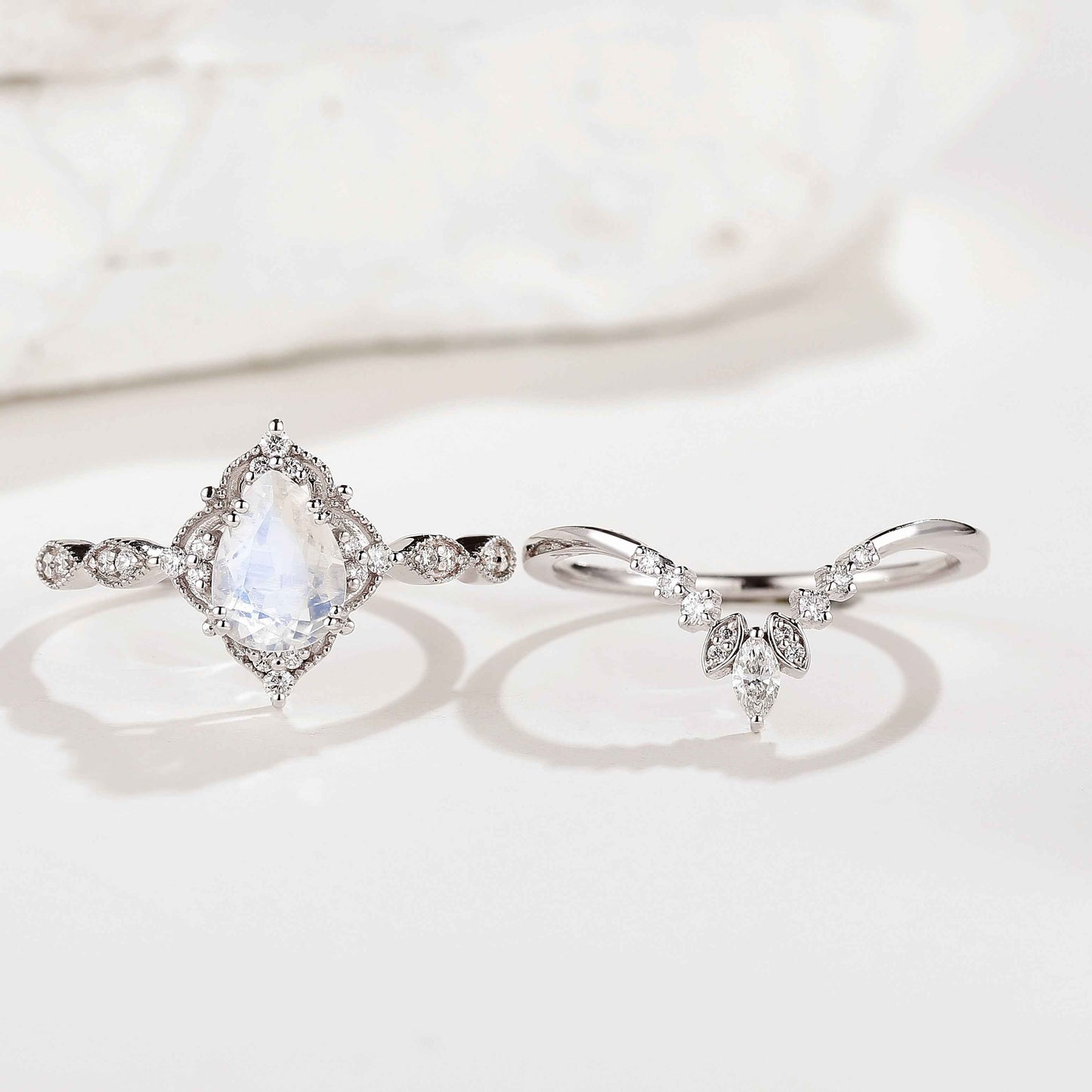 Vintage Pear Cut Moissanite Platinum Engagement Ring Set
