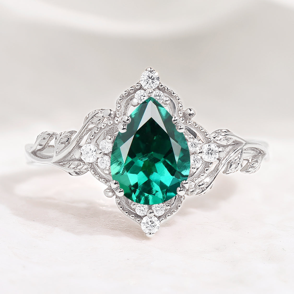 Nature Inspired Leaf Engagement Ring Pear Cut Lab Emerald Ring