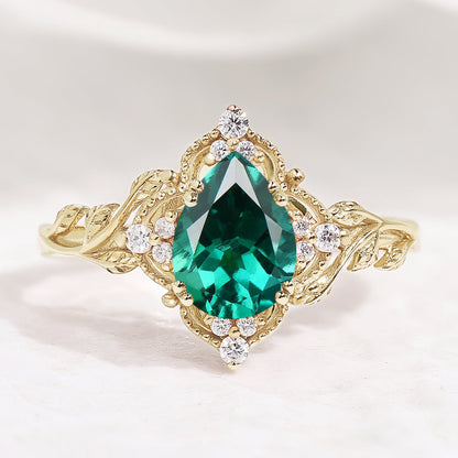 Nature Inspired Leaf Engagement Ring Pear Cut Lab Emerald Ring