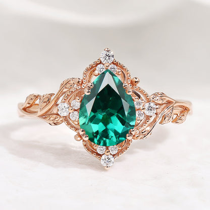 Nature Inspired Leaf Engagement Ring Pear Cut Lab Emerald Ring