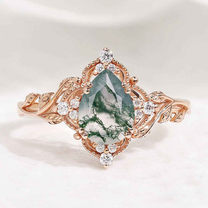 Nature Inspired Pear Cut Moss Agate Leafy Engagement Ring
