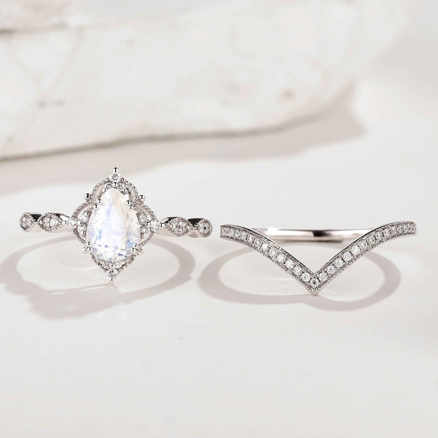 Pear Cut Moonstone Straight Moissanite Engagement Ring with V Shape Wedding Band