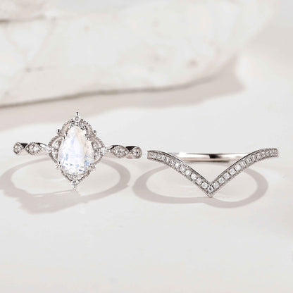 Pear Cut Moonstone Straight Moissanite Engagement Ring with V Shape Wedding Band