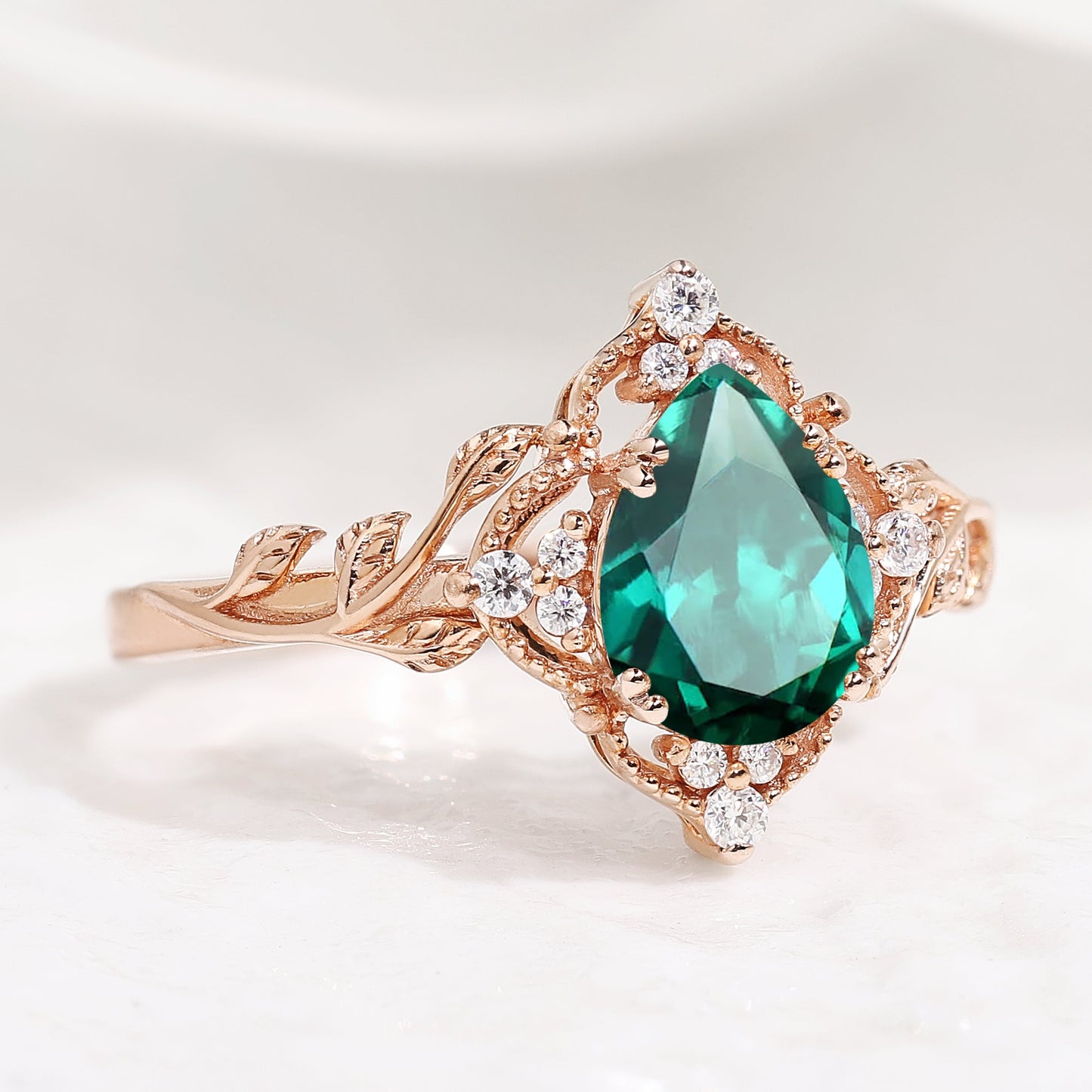 Nature Inspired Leaf Engagement Ring Pear Cut Lab Emerald Ring