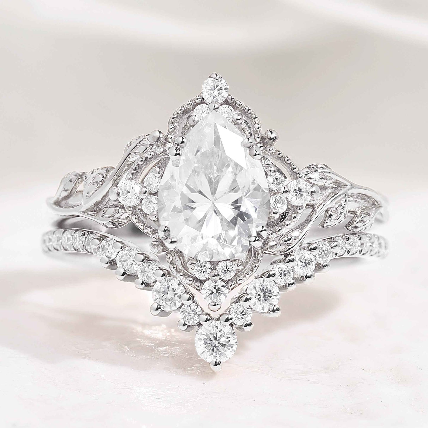 Nature Inspired Leafy Moissanite Engagement Ring Set V Shaped Curved Wedding Band