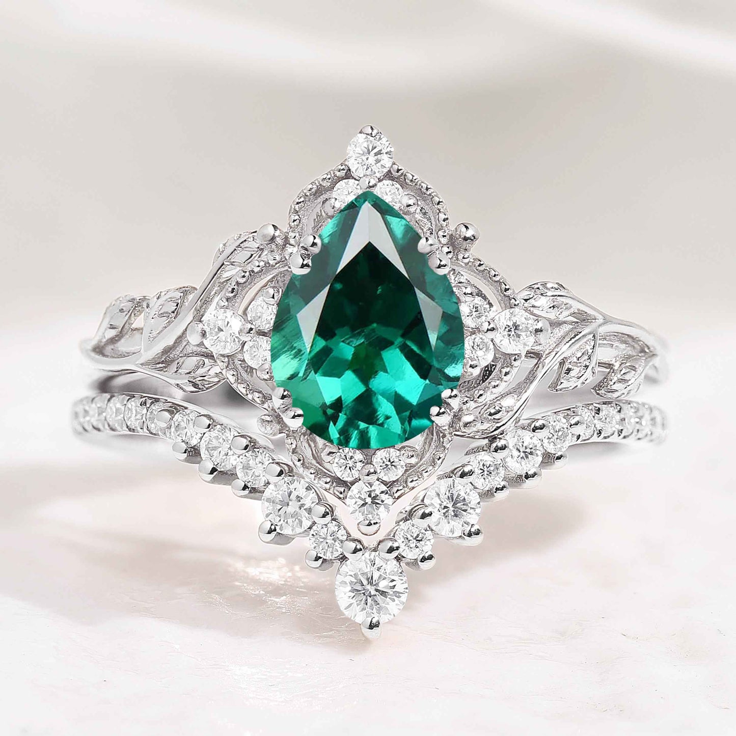 Nature Inspired Pear Cut Lab Emerald Leaf Engagement Ring Set 2pcs