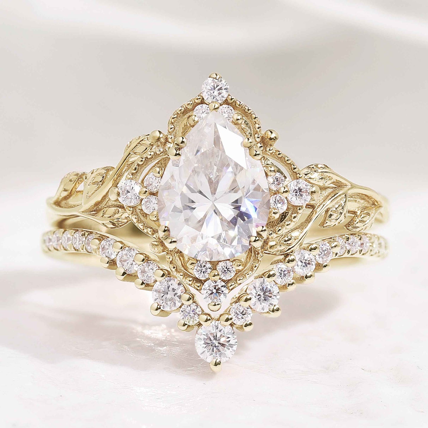 Nature Inspired Leafy Moissanite Engagement Ring Set V Shaped Curved Wedding Band