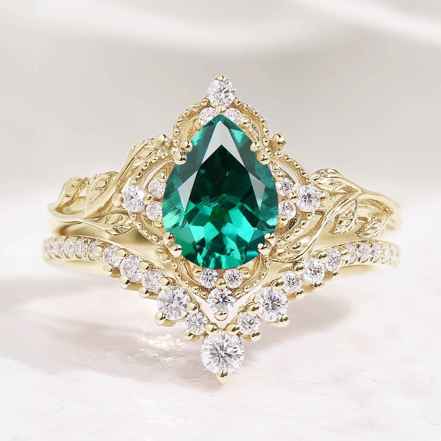 Nature Inspired Pear Cut Lab Emerald Leaf Engagement Ring Set 2pcs