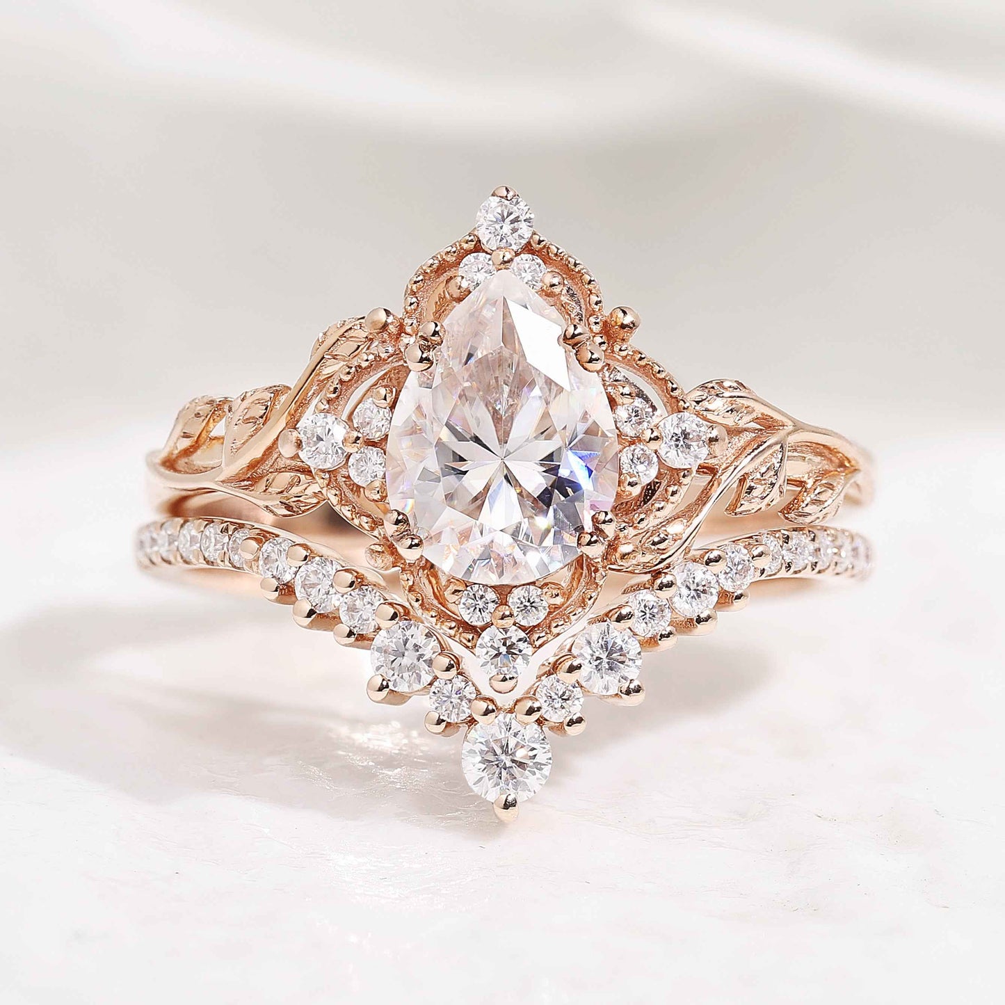 Nature Inspired Leafy Moissanite Engagement Ring Set V Shaped Curved Wedding Band