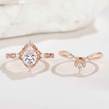 Vintage Pearl and Moissanite Engagement Ring Set Moissanite Cluster Wedding Band