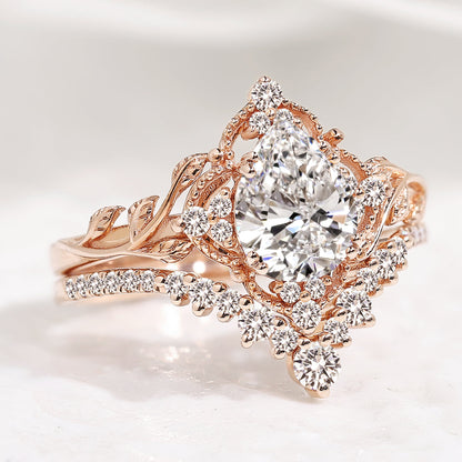 Pear Cut Lab Created Diamond Nature Inspired Leaf Engagement Ring Set 2pcs