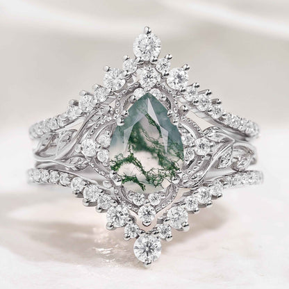 Nature Moss Agate Leaf Engagement Ring Set Chevron Wedding Bands 3pcs