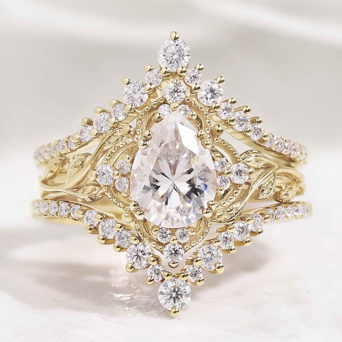 Nature Inspired Leaf Pear Cut Engagement Ring Set 3pcs