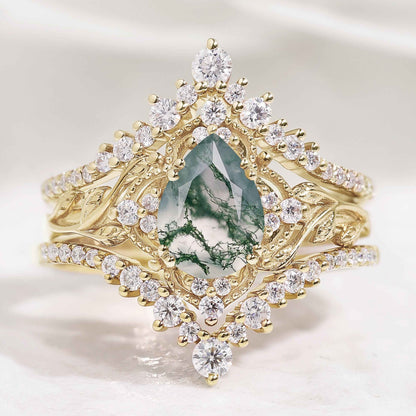 Nature Moss Agate Leaf Engagement Ring Set Chevron Wedding Bands 3pcs