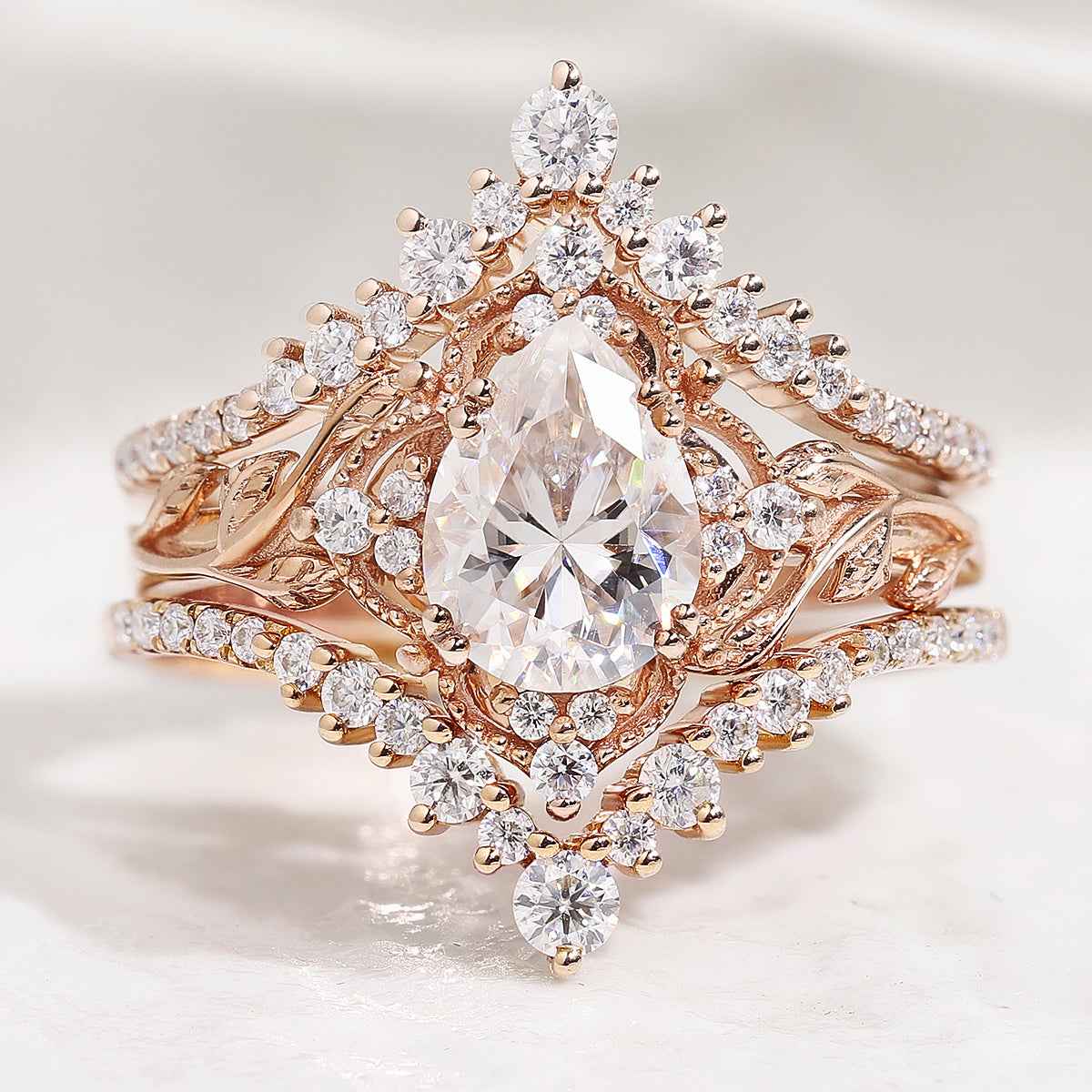 Nature Inspired Leaf Pear Cut Engagement Ring Set 3pcs