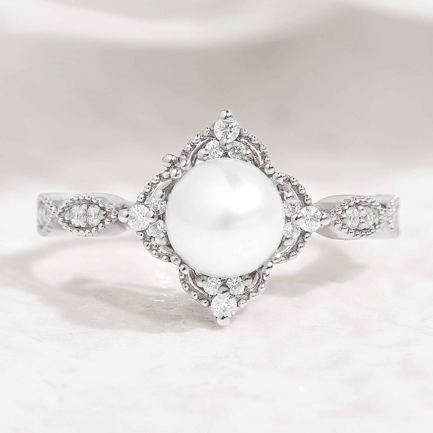 Vintage Akoya Pearl Engagement Ring Rose Gold Moissanite Cluster