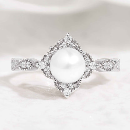 Vintage Akoya Pearl Engagement Ring Rose Gold Moissanite Cluster