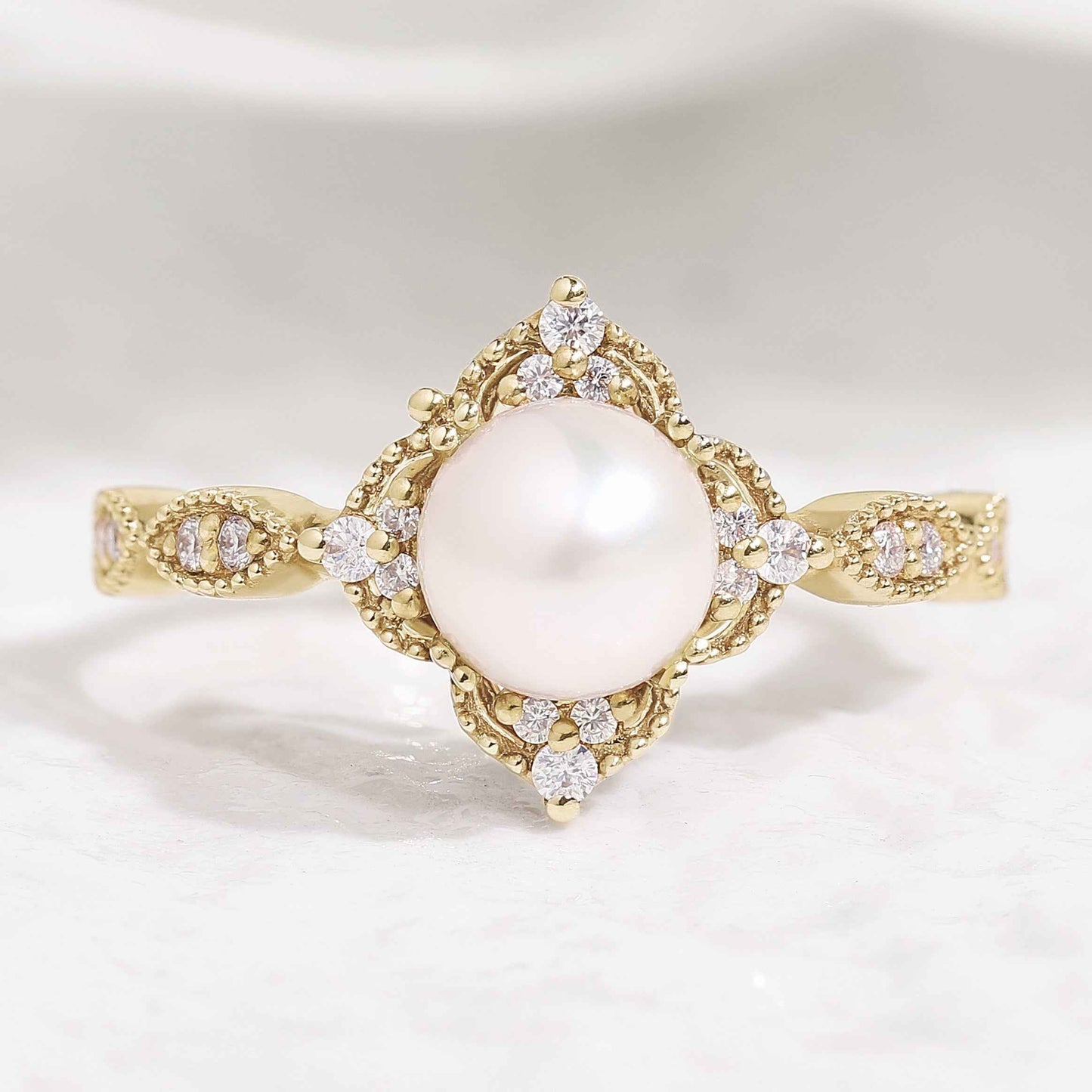 Vintage Akoya Pearl Engagement Ring Rose Gold Moissanite Cluster