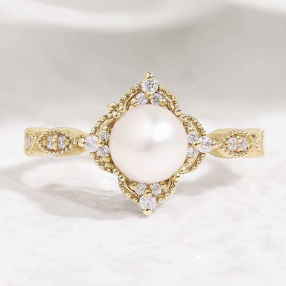 Vintage Akoya Pearl Engagement Ring Rose Gold Moissanite Cluster