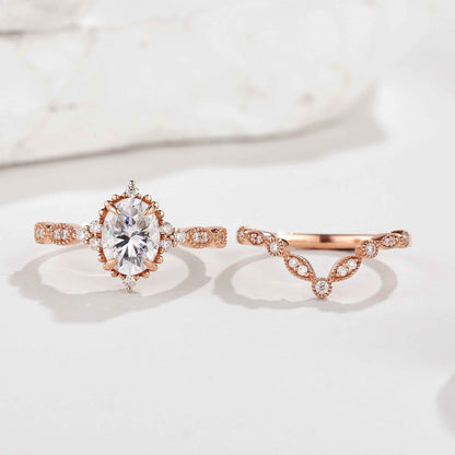 Oval Cut Moissanite Engagement Ring Set V Shaped Moissanite Wedding Band
