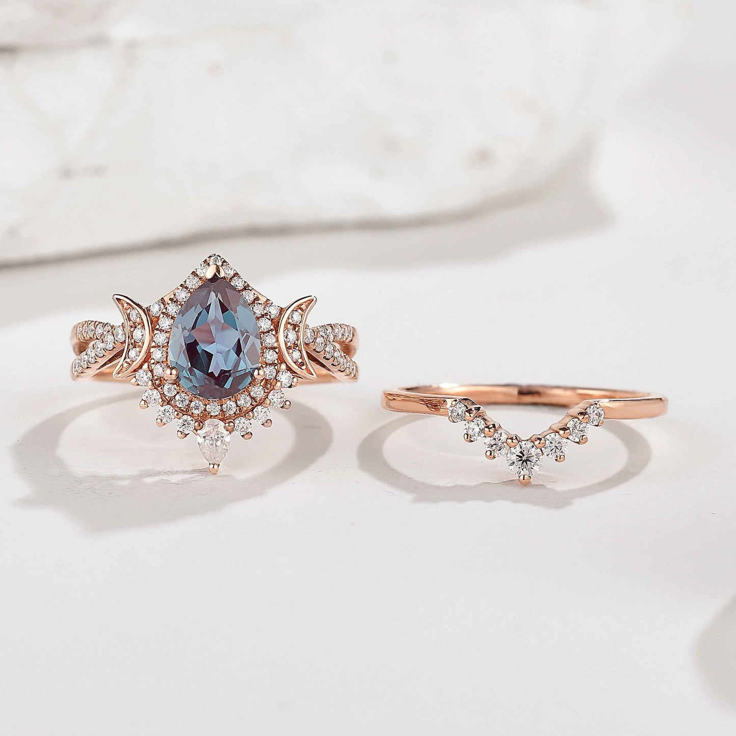 Unique Pear Shaped Alexandrite Engagement Ring Set Moissanite Cluster Wedding Band