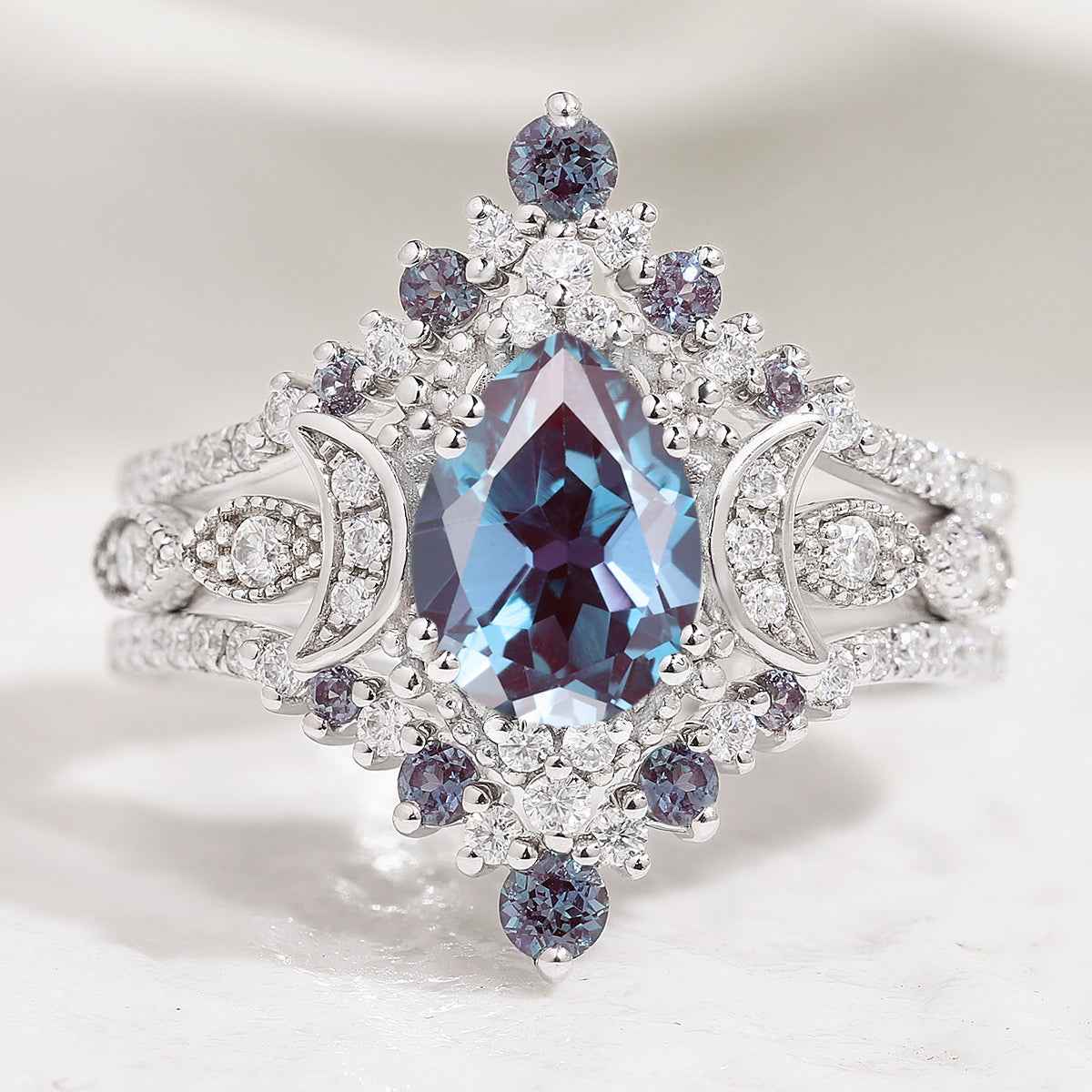 Unique Design Moon Shaped Alexandrite Engagement Ring Set 3pcs