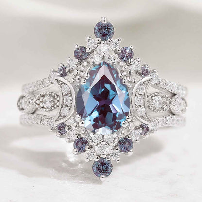 Unique Design Moon Shaped Alexandrite Engagement Ring Set 3pcs