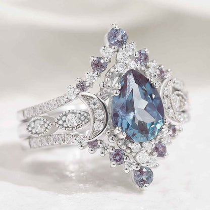 Unique Design Moon Shaped Alexandrite Engagement Ring Set 3pcs