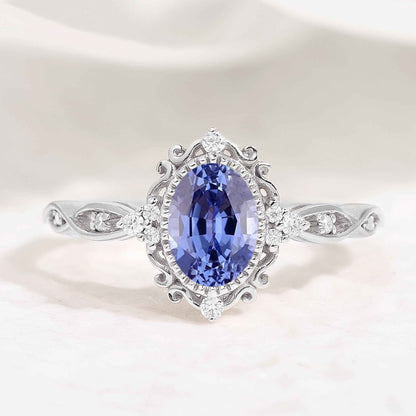 Vintage Oval Cut Lab Cornflower Sapphire Engagement Ring