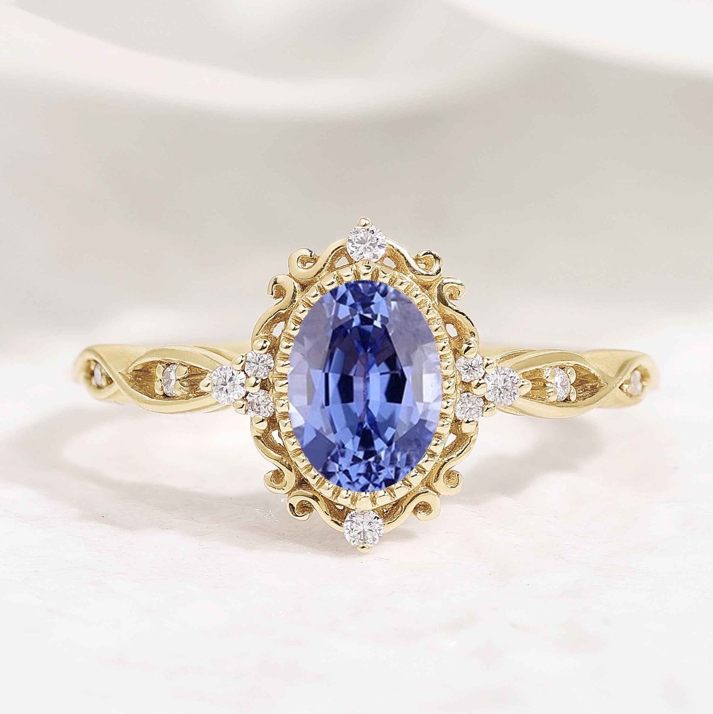 Vintage Oval Cut Lab Cornflower Sapphire Engagement Ring