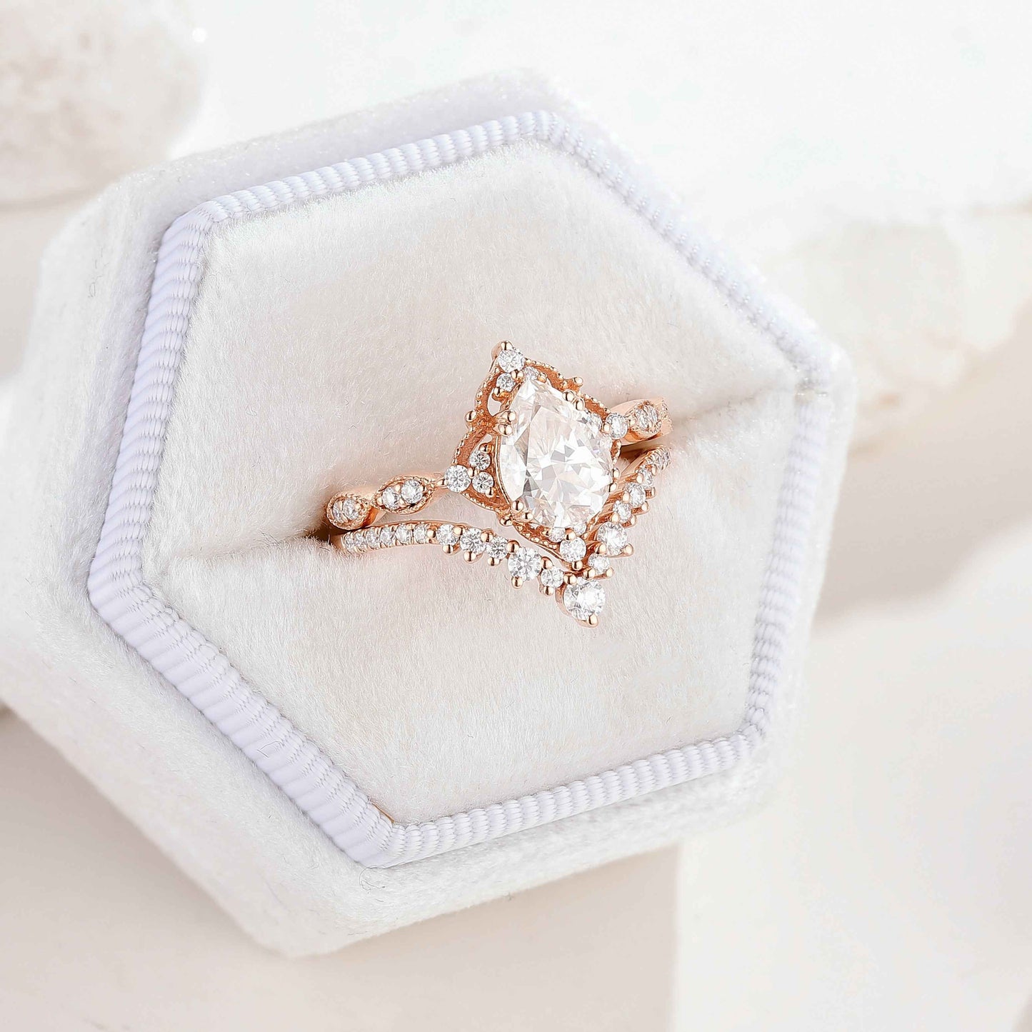 Vintage Pear Shaped Moissanite Engagement Ring Bridal Set 2pcs