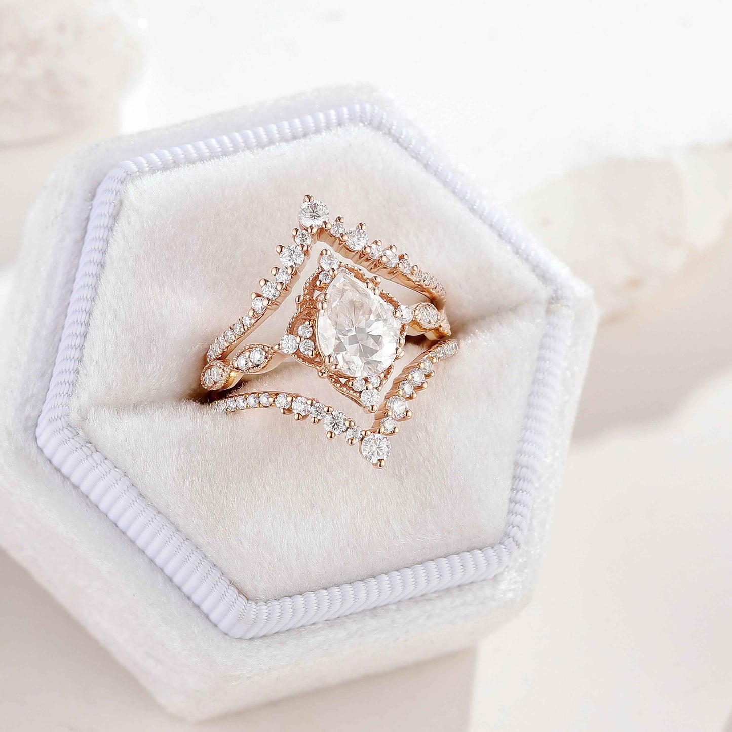 Vintage Pear Shaped Moissanite Engagement Ring Sets 3pcs