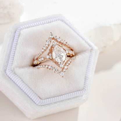 Vintage Pear Shaped Moissanite Engagement Ring Sets 3pcs