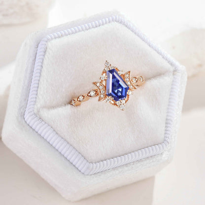 Unique Coffin Cut Lab Blue Sapphire Moon Inspired Engagement Ring